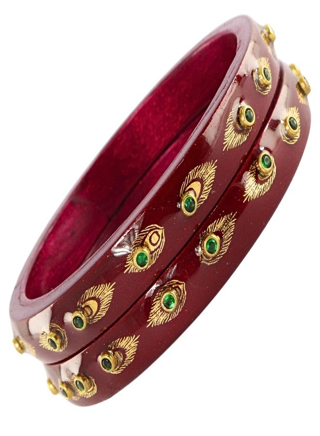ZULKA Premium Lac Kada Set With Zircon Gemstone & Printed Morpankhi Design For Women & Girls | Ladies Chudi | Bangle Set For Women | Chuda For Bride - Set Of 2 (ZU_JN37-MorapankhKada-Maroon-2.4) - Image 1