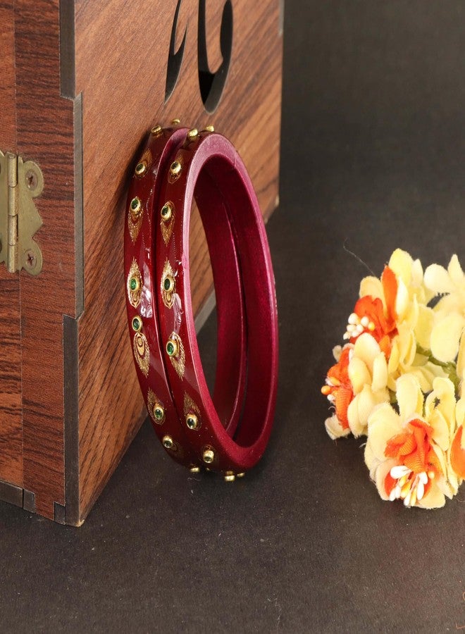 ZULKA Premium Lac Kada Set With Zircon Gemstone & Printed Morpankhi Design For Women & Girls | Ladies Chudi | Bangle Set For Women | Chuda For Bride - Set Of 2 (ZU_JN37-MorapankhKada-Maroon-2.4) - Image 4