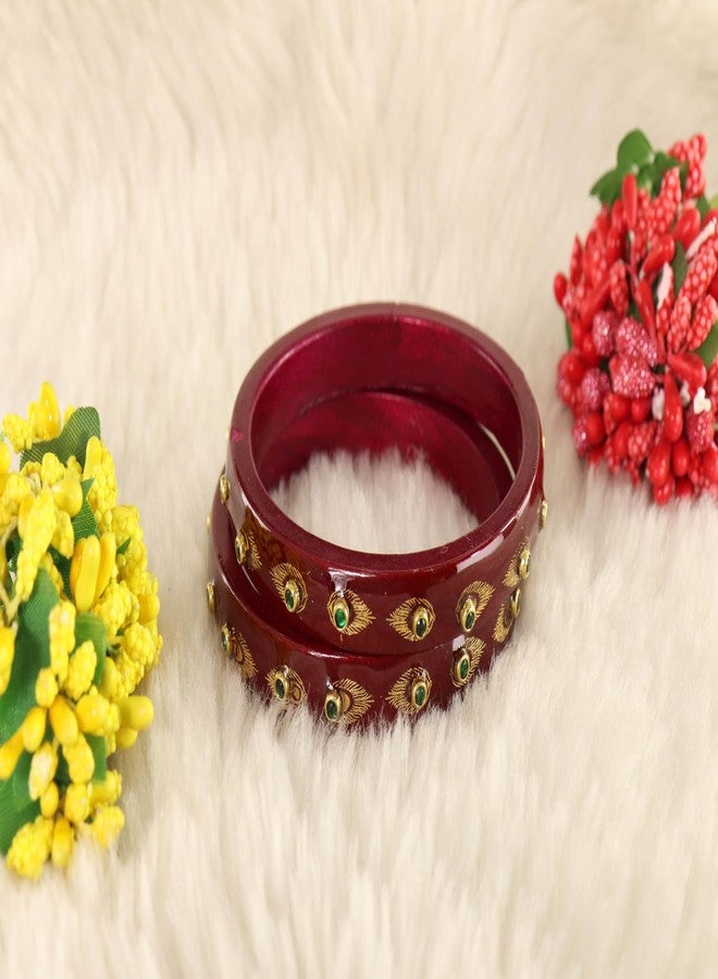 ZULKA Premium Lac Kada Set With Zircon Gemstone & Printed Morpankhi Design For Women & Girls | Ladies Chudi | Bangle Set For Women | Chuda For Bride - Set Of 2 (ZU_JN37-MorapankhKada-Maroon-2.4) - Image 5