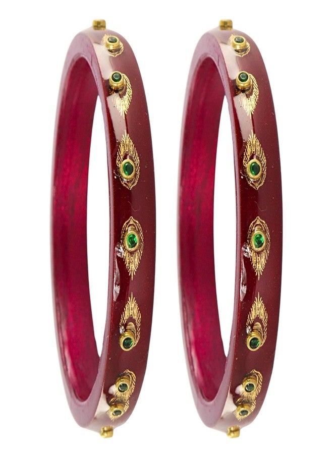 ZULKA Premium Lac Kada Set With Zircon Gemstone & Printed Morpankhi Design For Women & Girls | Ladies Chudi | Bangle Set For Women | Chuda For Bride - Set Of 2 (ZU_JN37-MorapankhKada-Maroon-2.4) - Image 3