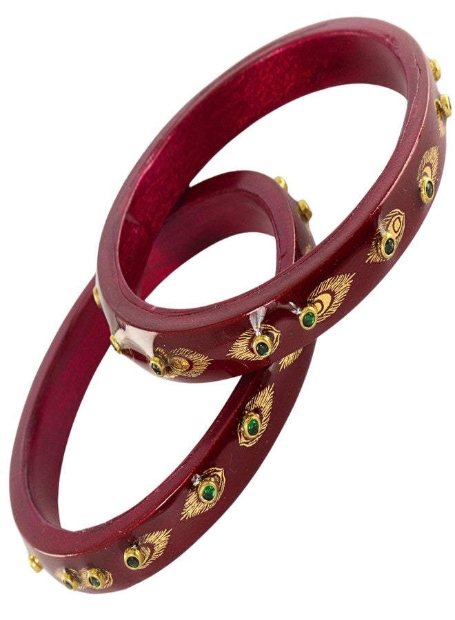 ZULKA Premium Lac Kada Set With Zircon Gemstone & Printed Morpankhi Design For Women & Girls | Ladies Chudi | Bangle Set For Women | Chuda For Bride - Set Of 2 (ZU_JN37-MorapankhKada-Maroon-2.4) - Image 2