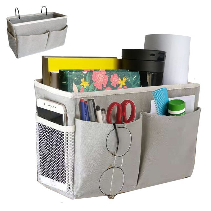 BEDSIDE CADDY BEDSIDE HANGING STORAGE ORGANIZER FOR COLLEGE DORM BED BUNK AND HOSPITAL BEDS CAN BE PLACED BOOKS PHONESKEYS GLASSESMAGAZINE HOLDER GREY 1
