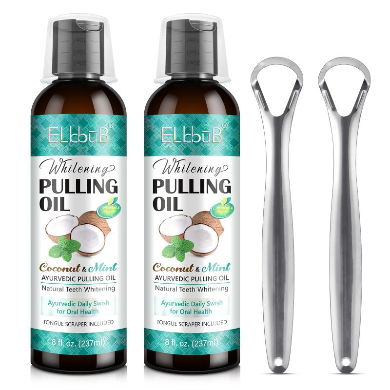 البوب Coconut Pulling Oil - Ayurvedic Mint Oil Pulling Mouthwash with Tongue Scraper | Natural Essential Oils for Fresh Breath, Teeth Whitening  Healthy Gums | Alcohol-Free 8 Fl. Oz 2Pack - Image 1