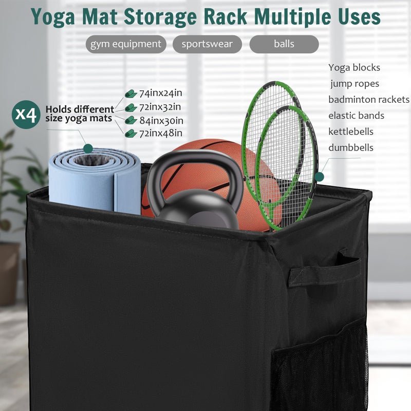 wymulot Yoga Mat Storage Racks, Home Gym Storage Rack with Wheels, Yoga Mat Holder Side 2 Mesh Pockets, Yoga Storage Basket Holds 4 Yoga Mats, 2 Foam Rollers, 6 Resistance Bands (Black) - Image 3