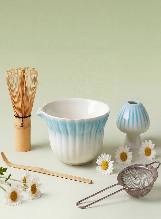 Koimysa Matcha Set, 5Pcs Ceramic Matcha Set including Daisy Matcha Bowl and Mushroom Whisk Holder, Bamboo Whisk, Scoop, Sifter - Thoughtful Matcha Whisk Set Gift for Matcha Lovers, Blue - Image 1