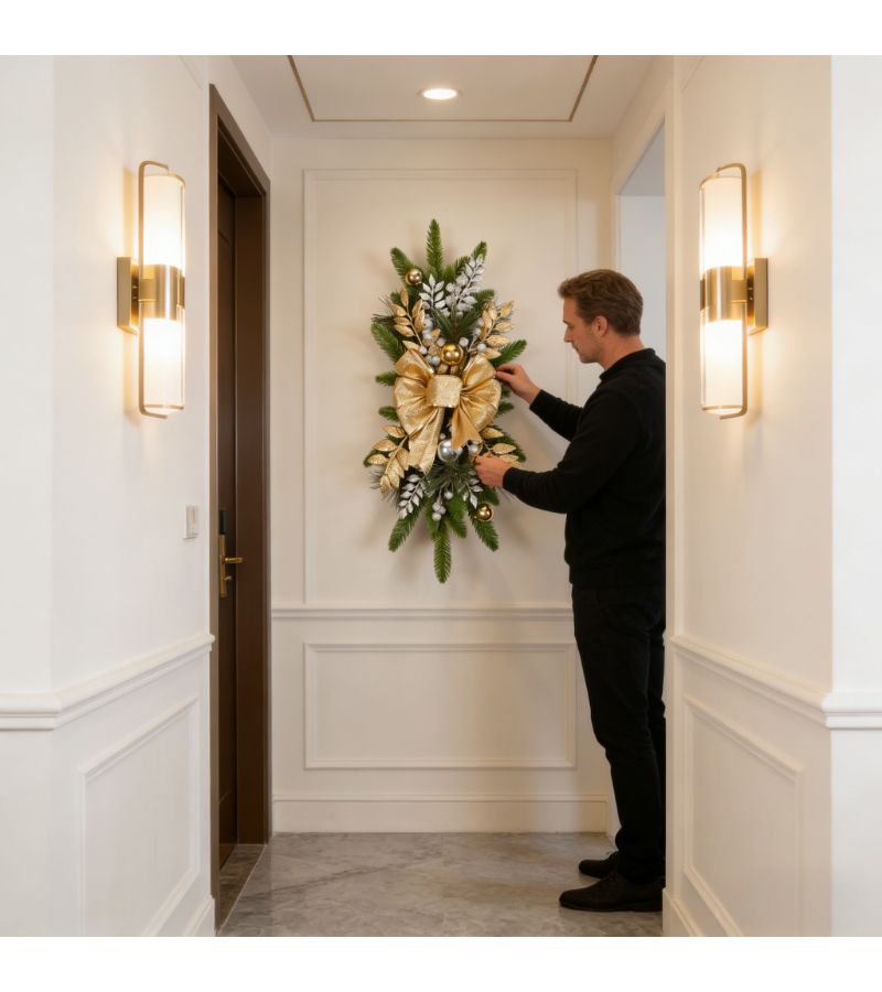 Scandinavian Staircase Wreath With Artificial Flowers Green Easy Install Faux Vine Garland For Balcony Railings Entry Door - Image 4