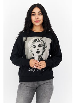 Women Crew Neck Printed Long Sleeve Sweatshirts, Black Combo
