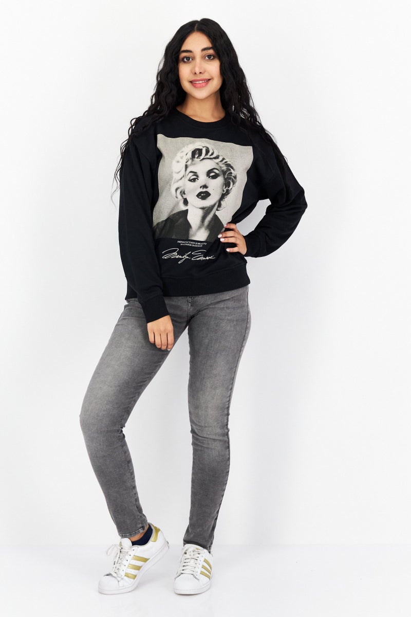 Marilyn Monroe سويت شيرتات نسائية بأكمام طويلة وطوق دائري مطبوعة، مجموعة سوداء - Image 4