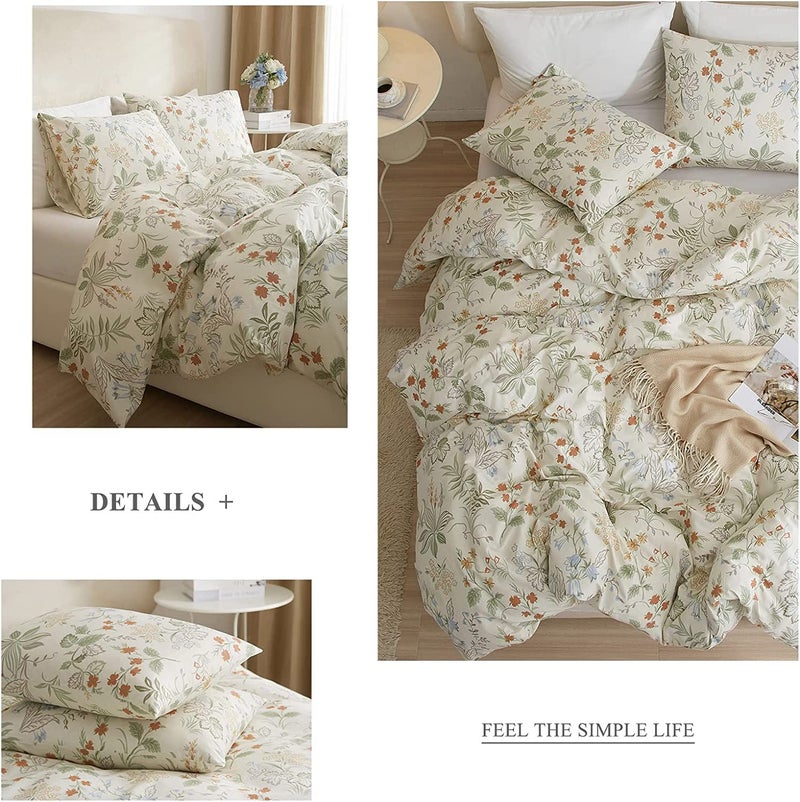 AMWAN Vintage Floral Duvet Cover Queen Garden Style Botanical Bedding Sets 100% Cotton White Floral Comforter Cover Chic Flower Leaf Botanical Duvet Cover Floral Queen Comforter Cover Set - Image 3