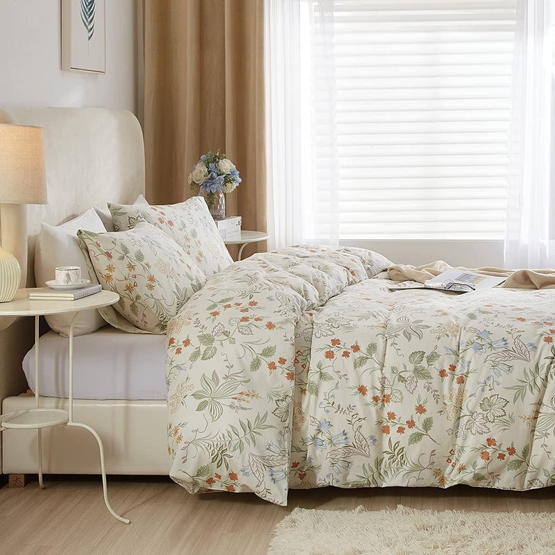 AMWAN Vintage Floral Duvet Cover Queen Garden Style Botanical Bedding Sets 100% Cotton White Floral Comforter Cover Chic Flower Leaf Botanical Duvet Cover Floral Queen Comforter Cover Set - Image 4