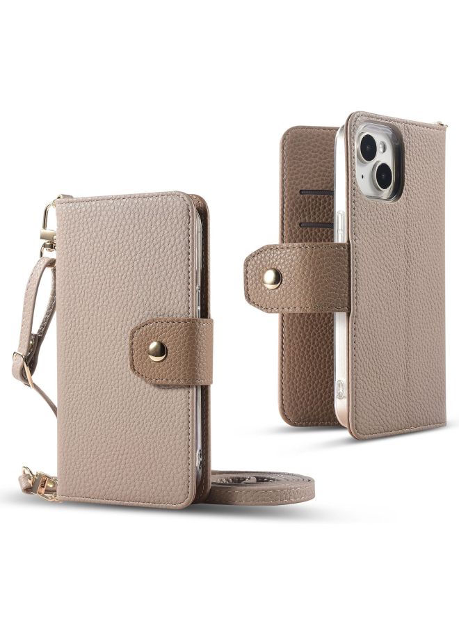 IPhone16 Litchi Pattern Multifunctional Mobile Phone Case Suitable For Google 9pro Card-in Hand Account Type 12 Case-Color:Apricot-Applicable Models:iphone16PIUS - Image 1