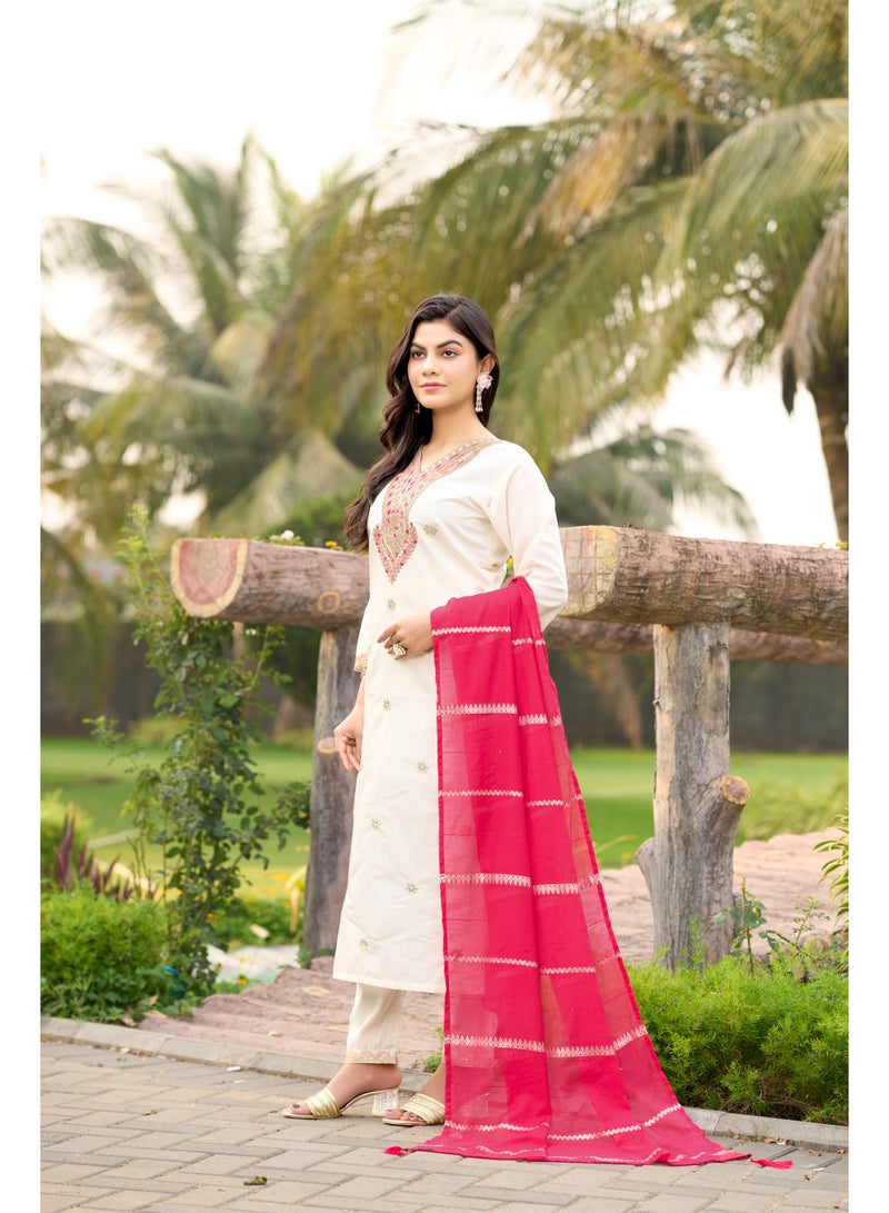 VISHVA CREATION Women White Embroidered Kurta Suit Set with Dupatta - Image 2