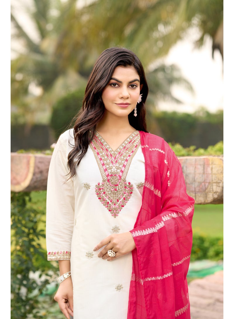 VISHVA CREATION Women White Embroidered Kurta Suit Set with Dupatta - Image 5