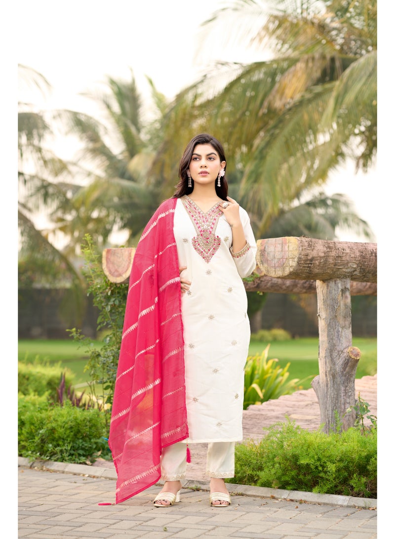 VISHVA CREATION Women White Embroidered Kurta Suit Set with Dupatta - Image 1