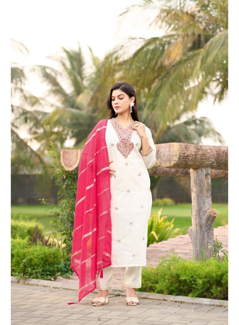 VISHVA CREATION Women White Embroidered Kurta Suit Set with Dupatta - Image 3