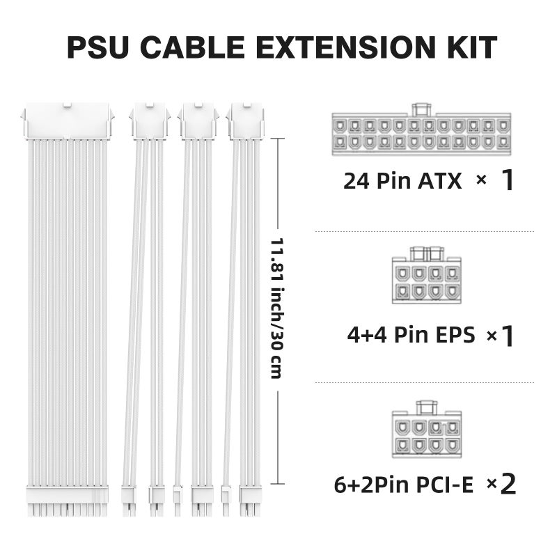 SMEOZZ 16AWG PSU Cable Extension Kit with Cable Combs,1x24pin ATX/1x8pin(4+4) EPS/2x8pin(6+2) PCIE Extension Cable,Cable Extension PC Sleeved Cables 30cm Length,Power Supply Extension Cable Kit(White) - Image 3