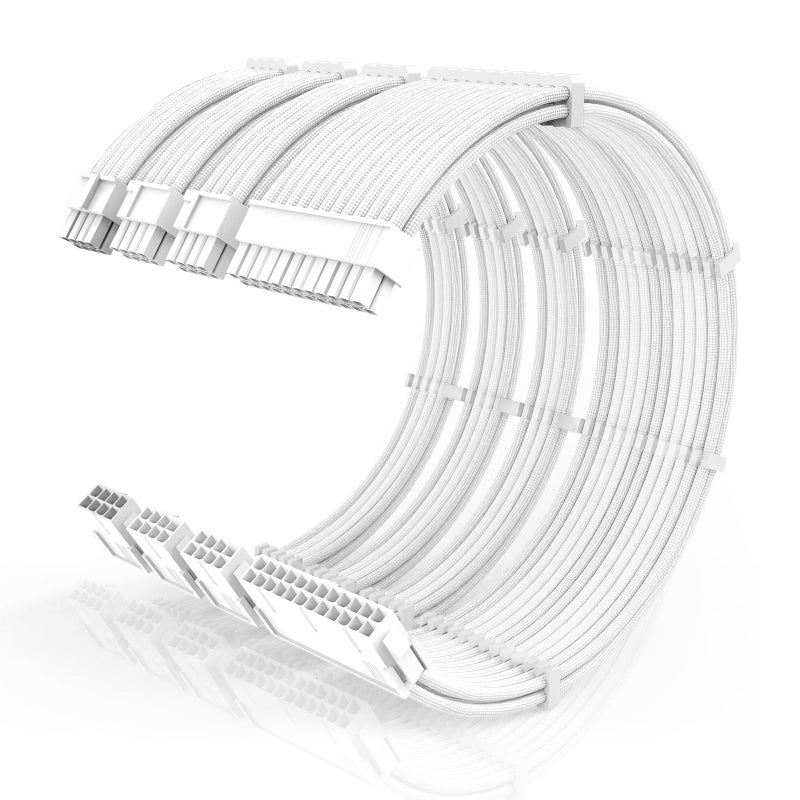 SMEOZZ 16AWG PSU Cable Extension Kit with Cable Combs,1x24pin ATX/1x8pin(4+4) EPS/2x8pin(6+2) PCIE Extension Cable,Cable Extension PC Sleeved Cables 30cm Length,Power Supply Extension Cable Kit(White) - Image 1