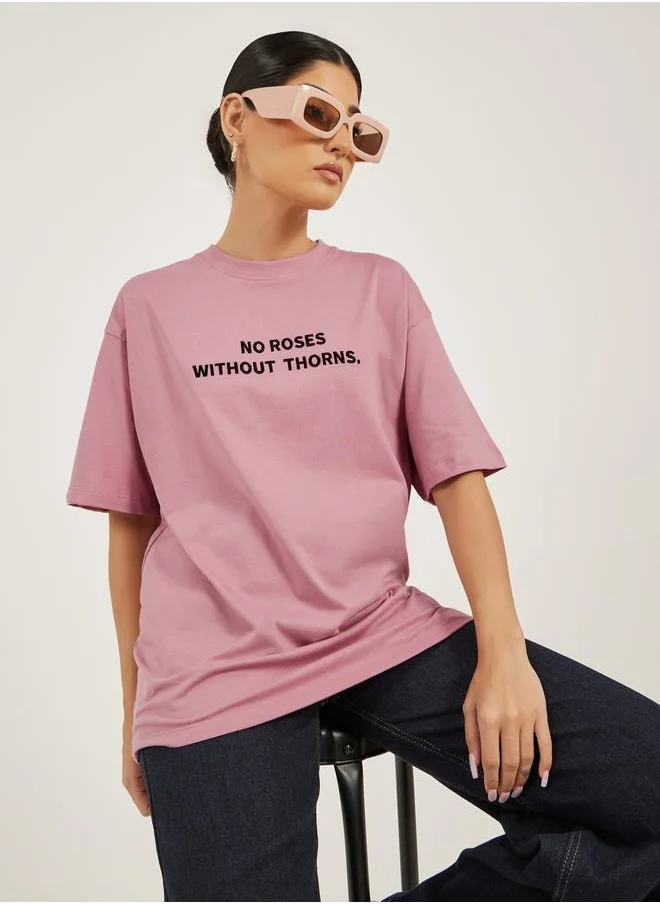 Styli Slogan Embroidered Round Neck Oversized T-Shirt