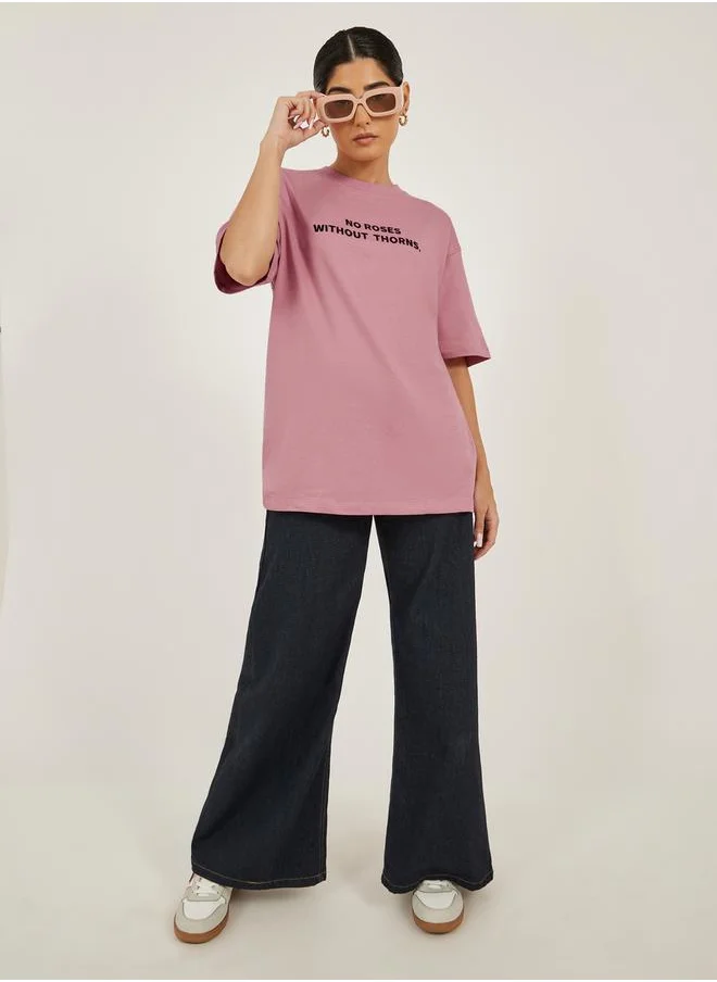 Styli Slogan Embroidered Round Neck Oversized T-Shirt
