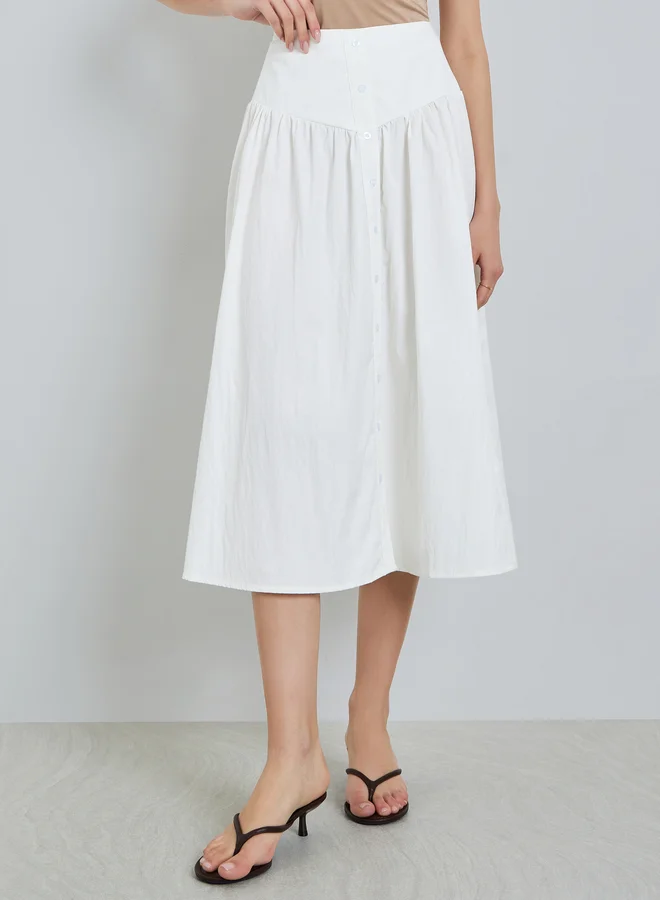 تايك تو White Wide Waistband Button Midi Skirt
