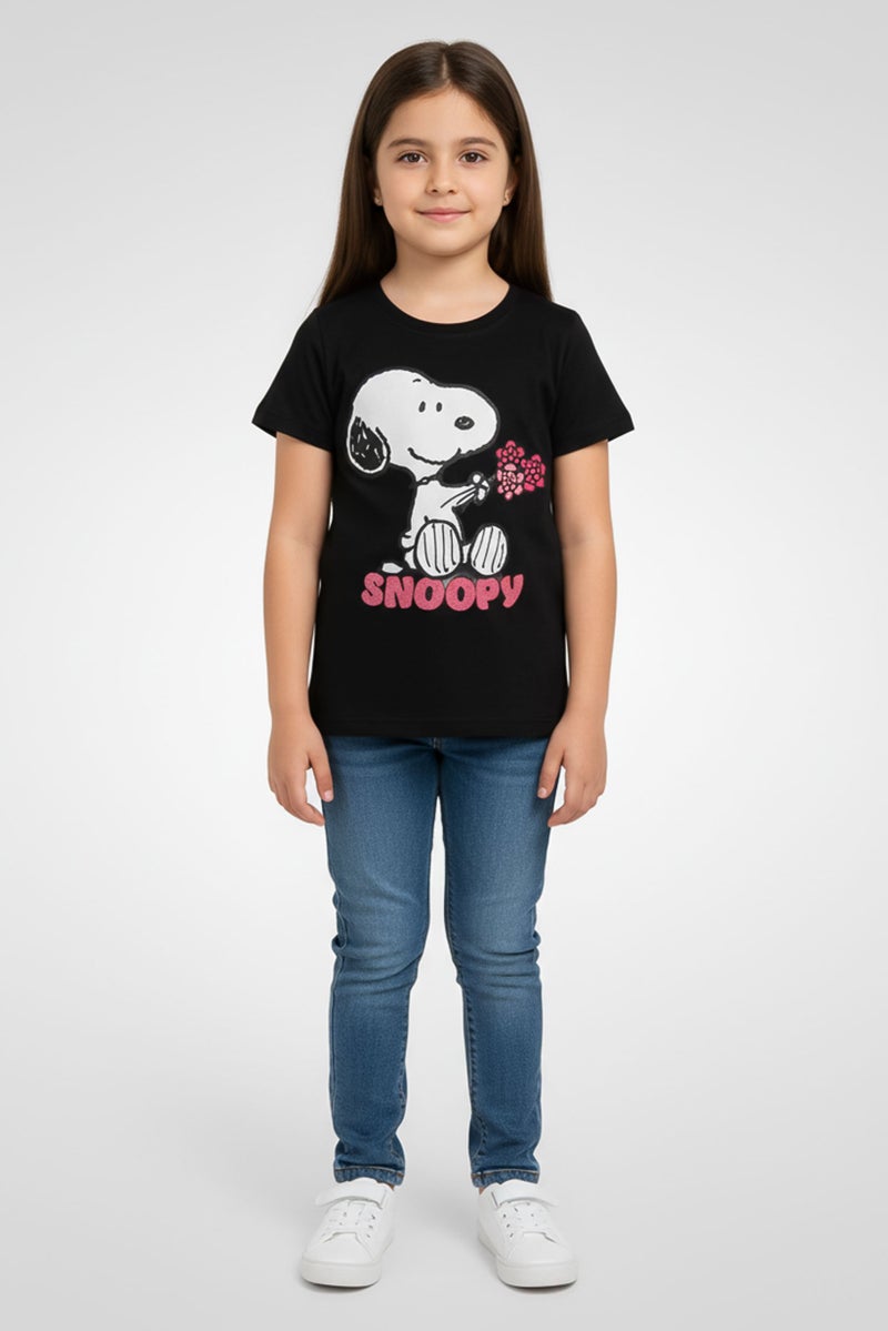 Peanuts Toddlers Girl Crew Neck Short Sleeve Graphic Print T-Shirt, Black - Image 1