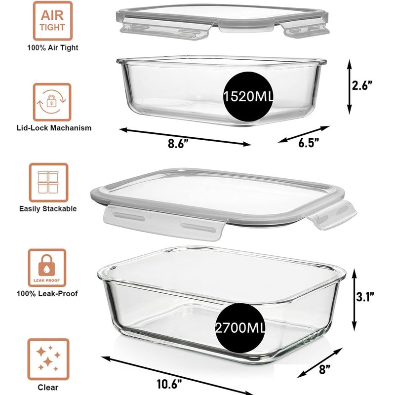 Razab 4 Pc (2700ML/ 91 Oz & 1520ML/ 51 Oz) Airtight Large Glass Food Storage Containers with Lids - BPA Free, Leak Proof Meal Prep Containers (2 Containers + 2 Lids) Microwave, Oven & Freezer Safe - Image 3