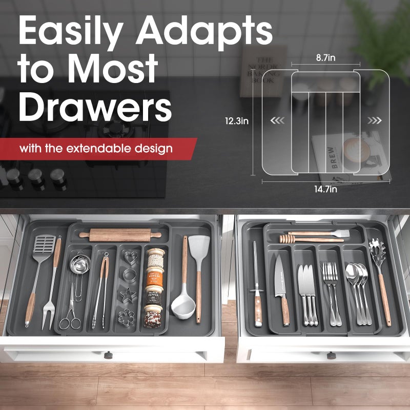 Aujen Silverware Organizer - Expandable Kitchen Drawer Organizer, Adjustable Utensil Organizer, Cutlery Tray for Forks, Knives, Multipurpose Kitchen Organizers and Storage Solution, Grey, Medium - Image 5