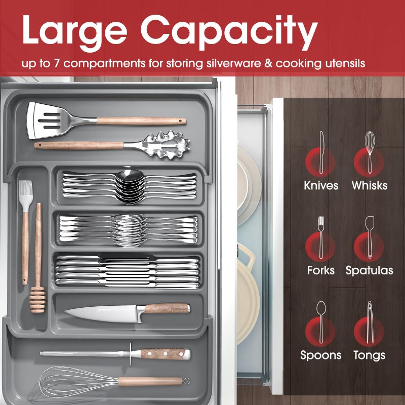 Aujen Silverware Organizer - Expandable Kitchen Drawer Organizer, Adjustable Utensil Organizer, Cutlery Tray for Forks, Knives, Multipurpose Kitchen Organizers and Storage Solution, Grey, Medium - Image 3