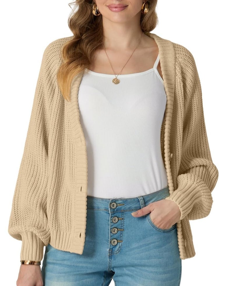 GRECERELLE Thick Cardigan Sweaters for Women Fall Casual Open Front Long Sleeve Button Cardigans, Apricot, Large - Image 3