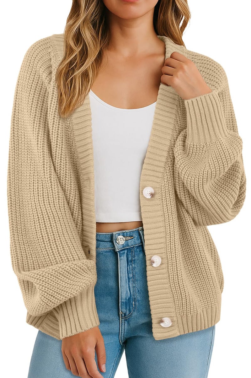 GRECERELLE Thick Cardigan Sweaters for Women Fall Casual Open Front Long Sleeve Button Cardigans, Apricot, Large - Image 1