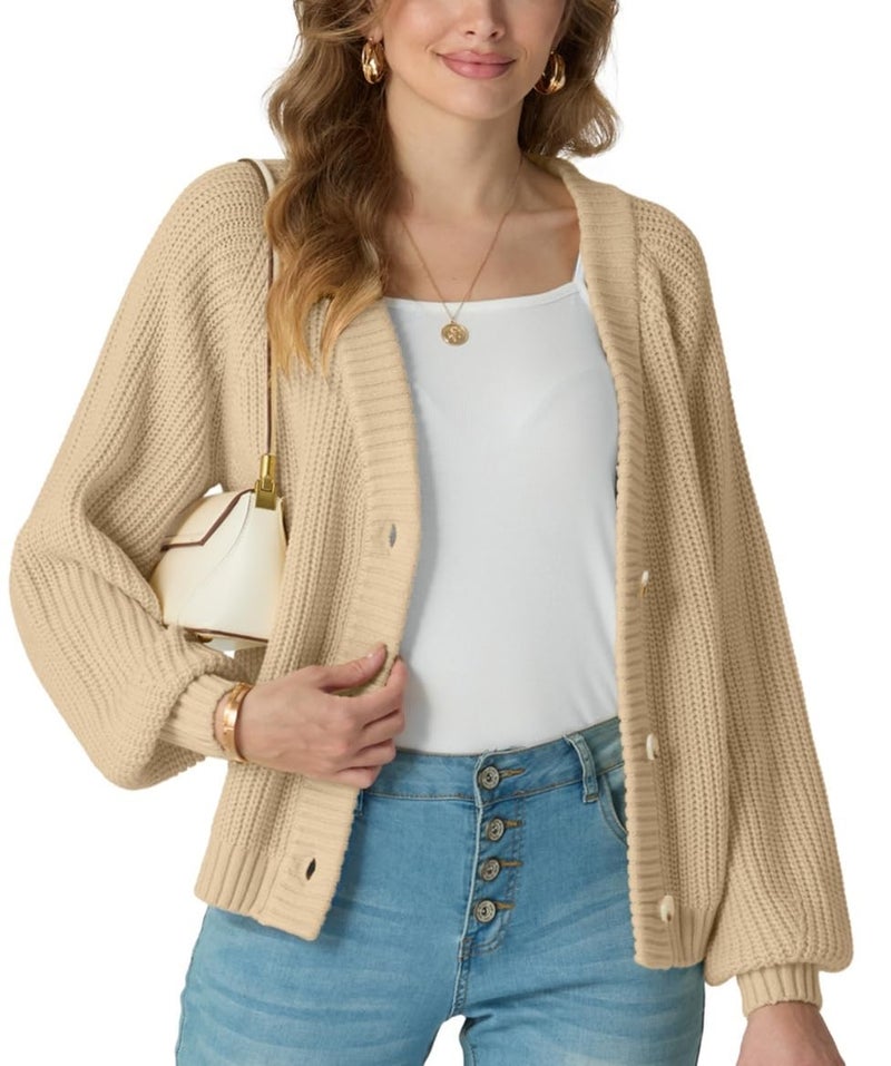 GRECERELLE Thick Cardigan Sweaters for Women Fall Casual Open Front Long Sleeve Button Cardigans, Apricot, Large - Image 2