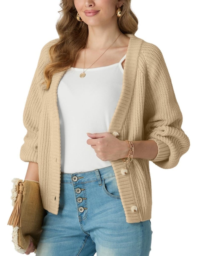 GRECERELLE Thick Cardigan Sweaters for Women Fall Casual Open Front Long Sleeve Button Cardigans, Apricot, Large - Image 4
