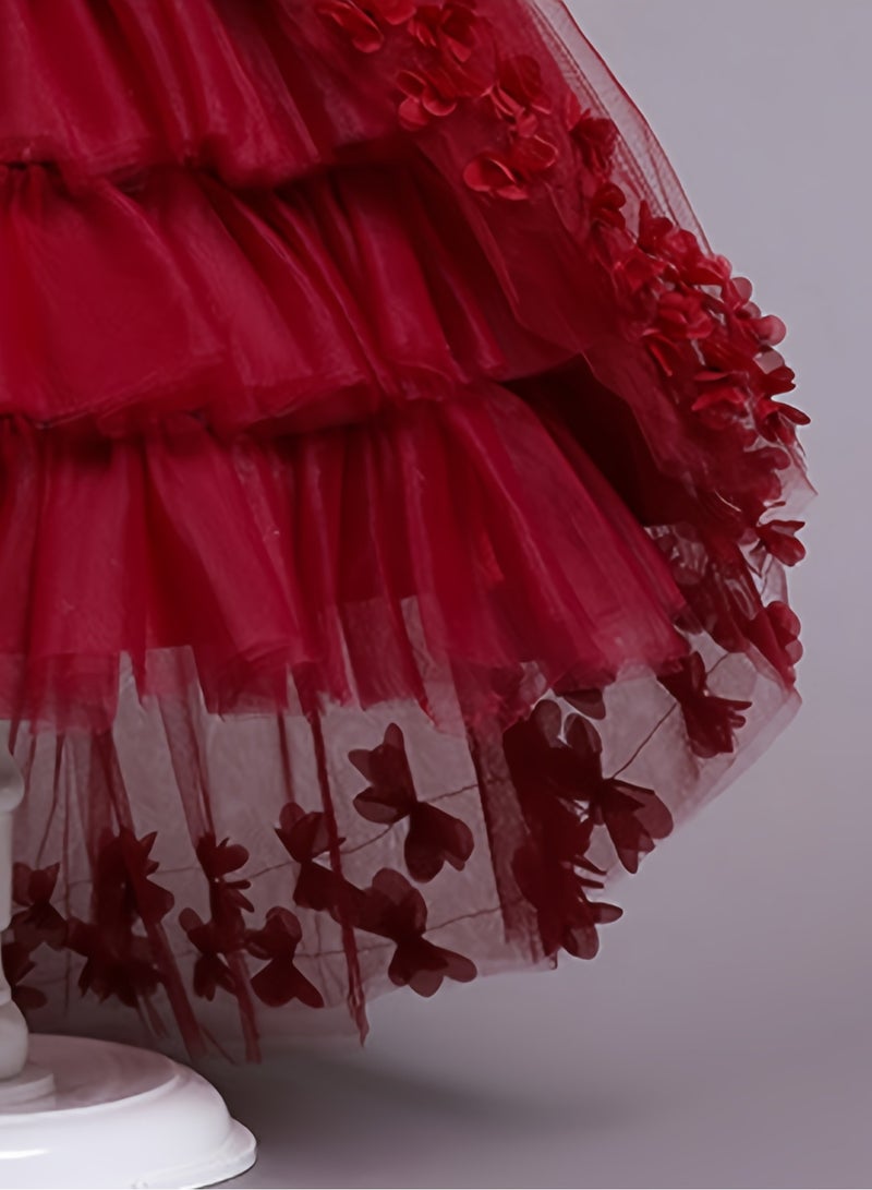 AROAQ Beads And Appliques Design Girls Formal Dress With Trailing, Fluffy Princess Dress Perfect For Banquets Performances (Red) - Image 5