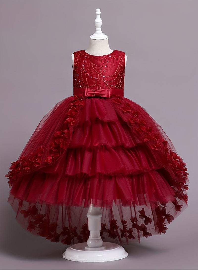 AROAQ Beads And Appliques Design Girls Formal Dress With Trailing, Fluffy Princess Dress Perfect For Banquets Performances (Red) - Image 1