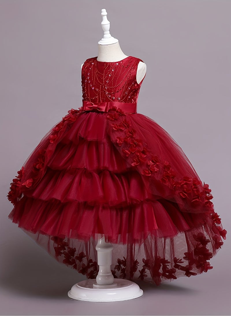 AROAQ Beads And Appliques Design Girls Formal Dress With Trailing, Fluffy Princess Dress Perfect For Banquets Performances (Red) - Image 3