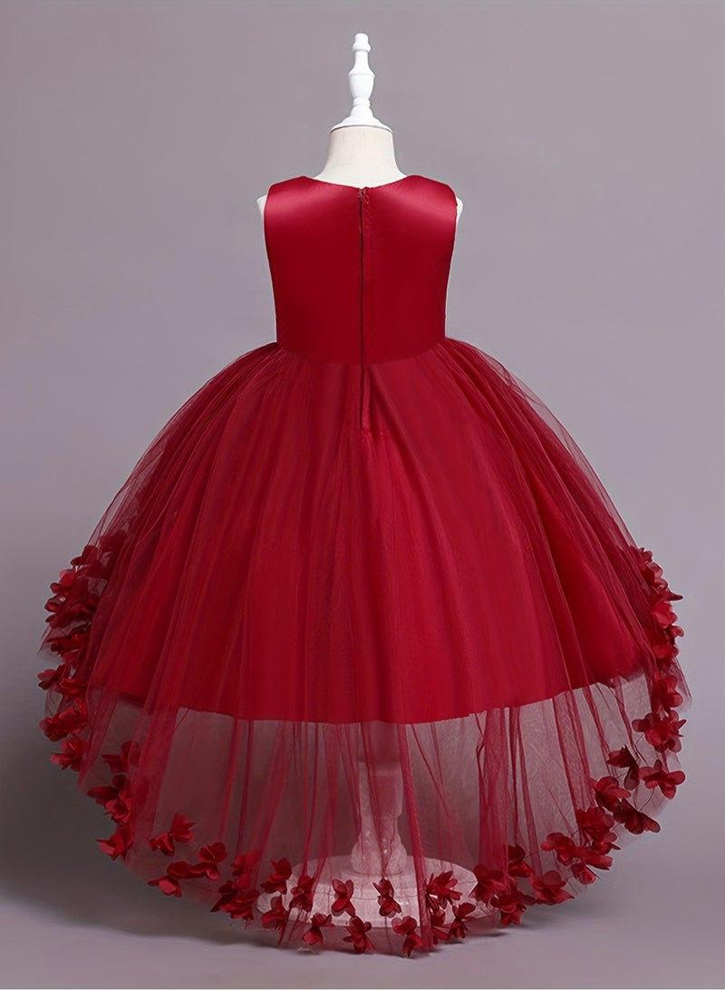 AROAQ Beads And Appliques Design Girls Formal Dress With Trailing, Fluffy Princess Dress Perfect For Banquets Performances (Red) - Image 2