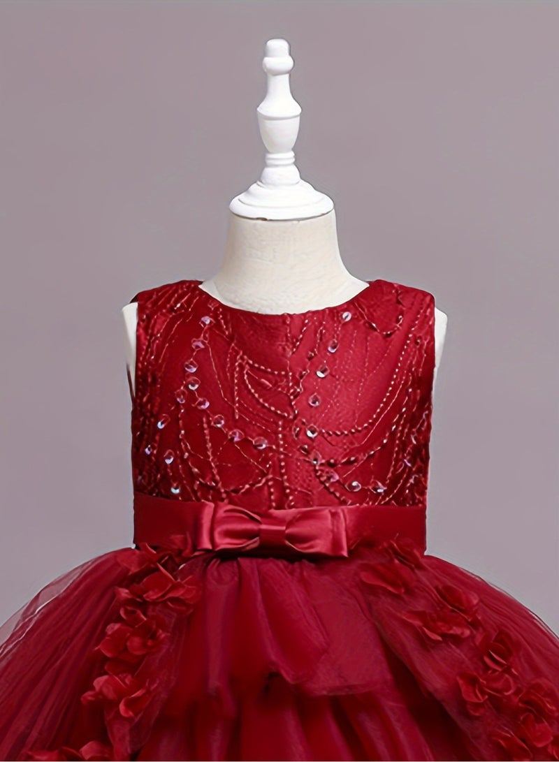 AROAQ Beads And Appliques Design Girls Formal Dress With Trailing, Fluffy Princess Dress Perfect For Banquets Performances (Red) - Image 4