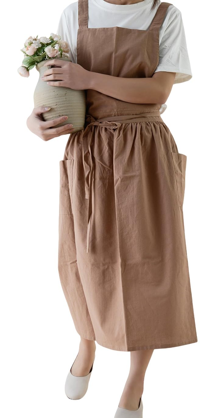 Hawholm Japanese apron Women-Cross Back Apron for Women with Pockets, Pinafore Aprons, Womens Cotton Linen Apron - Image 1