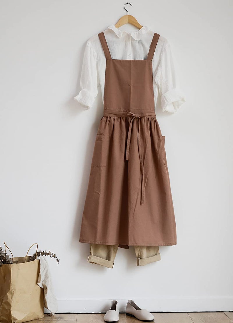 Hawholm Japanese apron Women-Cross Back Apron for Women with Pockets, Pinafore Aprons, Womens Cotton Linen Apron - Image 4