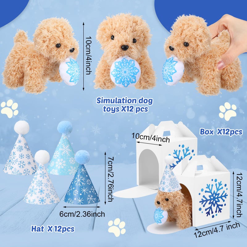 Vinsot 16 Set Mini Plush Dog Favors Gifts Adopt a Dog Set Include 16 Mini Stuffed Puppy 16 Cute Cone Hats 16 Kraft Paper Boxes for Puppy Animal Themed Birthday Party Supplies (Snowflake) - Image 2