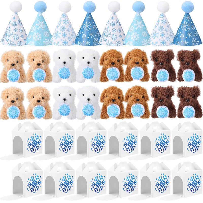 Vinsot 16 Set Mini Plush Dog Favors Gifts Adopt a Dog Set Include 16 Mini Stuffed Puppy 16 Cute Cone Hats 16 Kraft Paper Boxes for Puppy Animal Themed Birthday Party Supplies (Snowflake) - Image 1