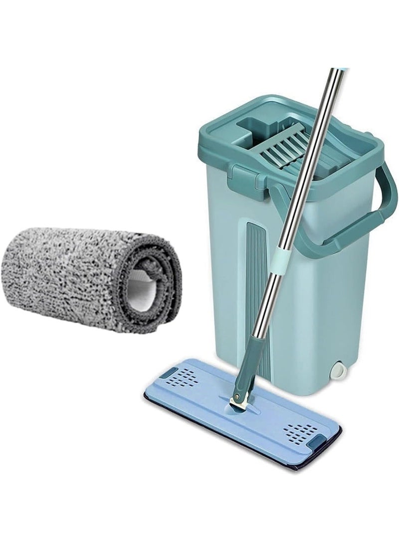 TAJ BAZAAR Flat Mop Squeeze Mop and Bucket Set with 2 Washable and Reusable Microfiber Mopping Pads for Floor Cleaning, Floor mop and Bucket with Wringer Set Cleaning Floor Mop (1mopbucket 2 cloth big) (Green) - Image 1