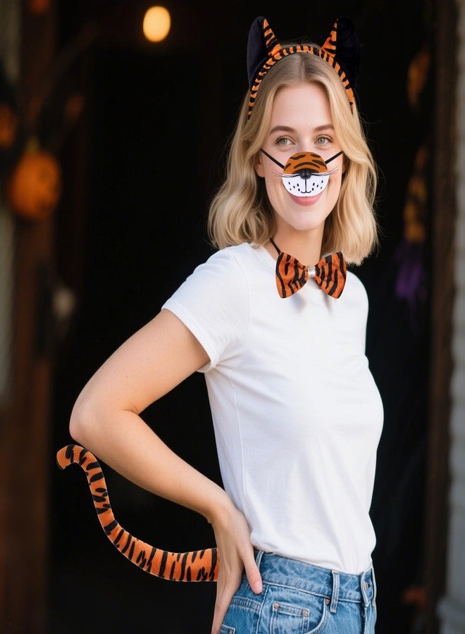 Jmkcoz 4 Pieces Halloween Tiger Costume Set Tiger Ears Headband and Tail Nose Bowtie Fancy Dress Accessories for Women Dress up Cosplay Party - Image 4