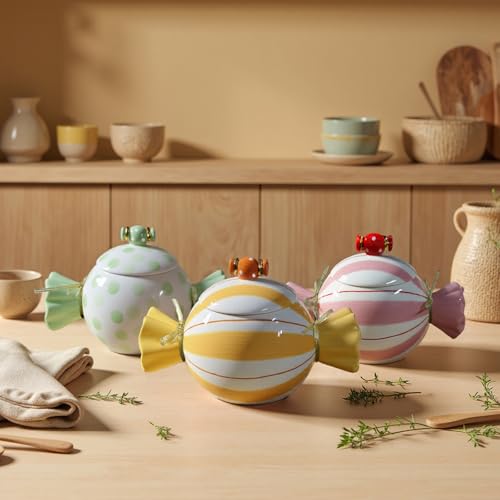 DIF DECO Cute Storage Jars with Lid, Unique Candy Shape Ceramic Food Container, Cookie Canister for Snacks, Coffee Bean, Sugar, Tea, Spices, Beans, Cereal, Nuts - 500 ml / 16.9 oz (Pink Stripes) - Image 5