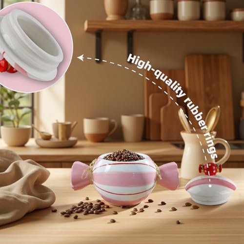 DIF DECO Cute Storage Jars with Lid, Unique Candy Shape Ceramic Food Container, Cookie Canister for Snacks, Coffee Bean, Sugar, Tea, Spices, Beans, Cereal, Nuts - 500 ml / 16.9 oz (Pink Stripes) - Image 3