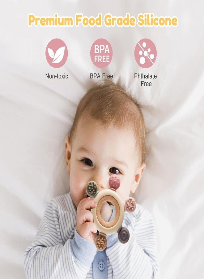 Meriox Silicone & Wooden Baby Teether for 3+ Months | BPA Free Soft Teething Toy | Safe Teether for Infants | Round Shape - Image 4