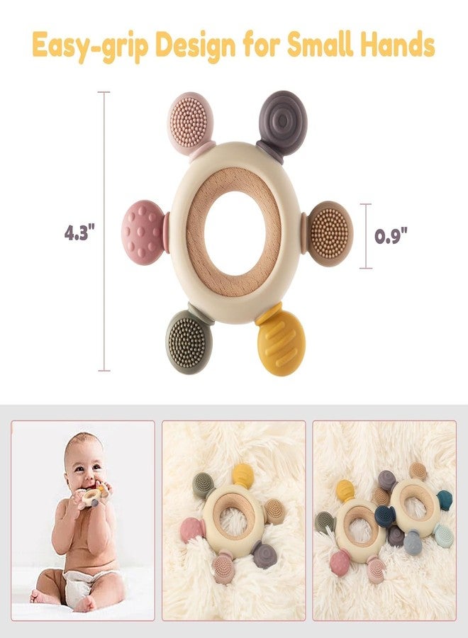 Meriox Silicone & Wooden Baby Teether for 3+ Months | BPA Free Soft Teething Toy | Safe Teether for Infants | Round Shape - Image 2