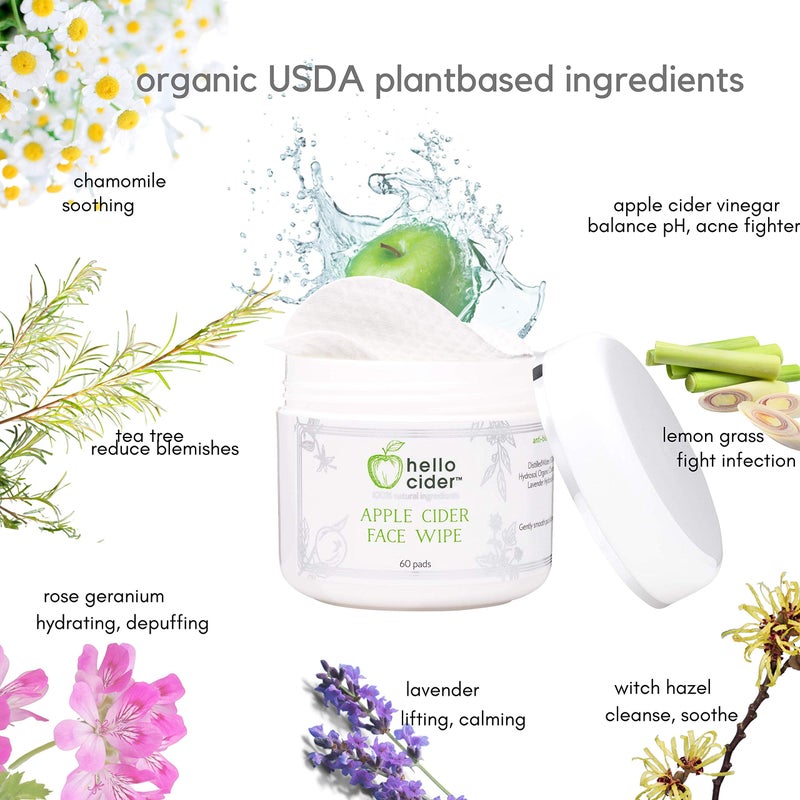 hello cider Apple Cider Vinegar Acne Face Toner Pads - Organic Tea Tree, Witch Hazel, Rose, Lavender. Cleanse, Tone, Hydrate, Calm & Sooth. 60 pads. USA by Hello Cider - Image 2