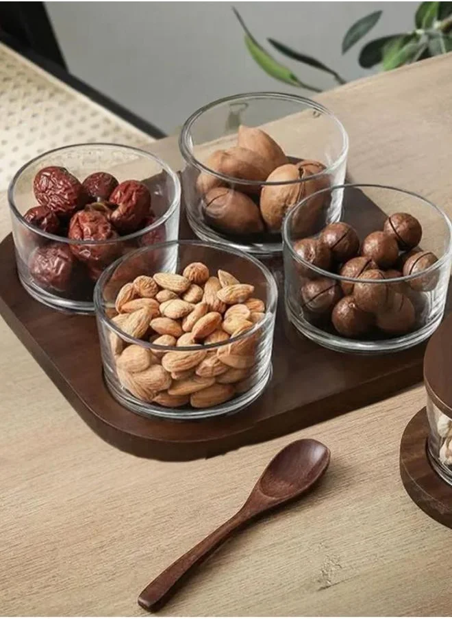 كويزيرا Glass nut jar set with wooden tray- 4 pc set