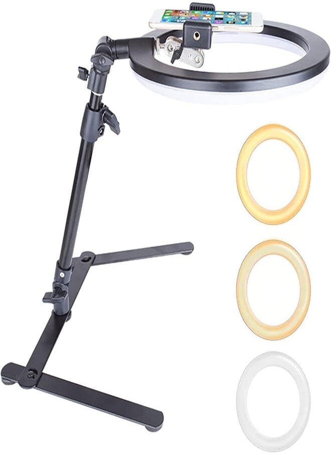 FONREST FONREST 2 in 1 Desktop High Angle Shot Phone Mount with 10-inch Dimmable LED Ring Fill Light for Cook Recording Calligraphy Drawing Online Lesson Nail-Art Jewelry Craft Video Recording Live Streaming 